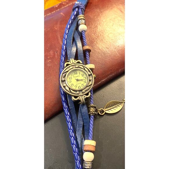 Women's Viser Watch, Bronze Tone with Leather and Beaded Band, Leaf Charm - Picture 1 of 3